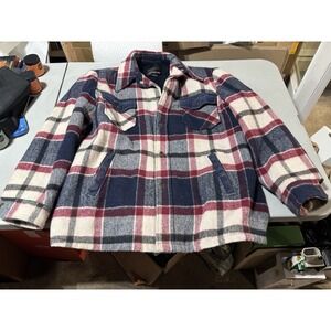 VTG 70s 80s JC Penney Red Blue Plaid Cruiser Shirt Jacket‎ Mens XL Fleece Lined